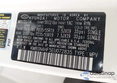 2014 Hyundai Santa Fe Limited from USA, damaged, VIN KM8SN4HF5EU072835